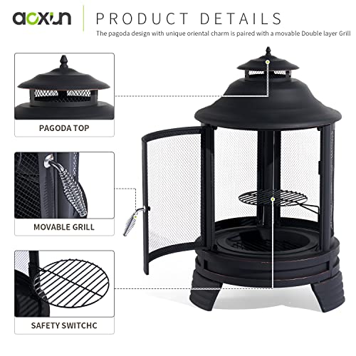 Aoxun Chiminea Fire Pit,2 in 1 Fire Pit with Outdoor,Chiminea Fireplace