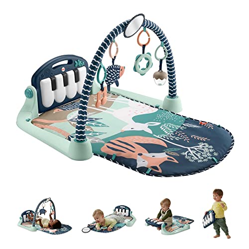 Fisher-Price - Palestrina Baby Piano 4 in 1, tappetino con pianoforte musicale e giocattoli per il gioco distesi sul pancino, cerbiatto blu [esclusiva Amazon], giocattolo per bambini 0+ Mesi, HKX37