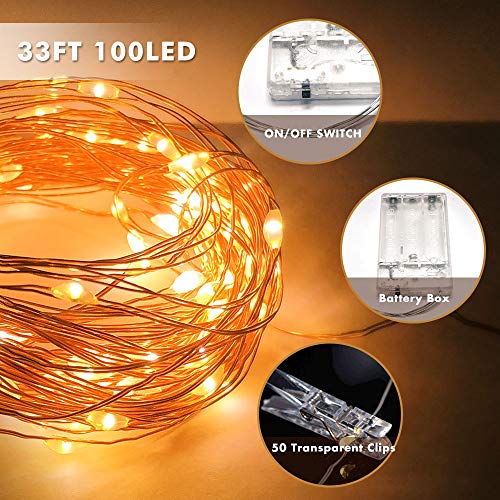 UPGRADE 33FT 100LED Photo Clips String Lights Battery Operated, Fairy String Lights with 50 Clear Clips for Hanging Pictures Cards Indoor & Outdoor Decoration
