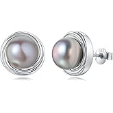 YAMI Sterling Silver Natural Cultured Pearl Earrings for Women, Black/White/Pink/Grey Pearl Stud Earrings 8MM, Hypoallergenic Jewelry Gifts for Mother Wife Her