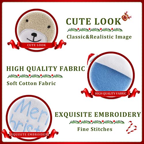 WEWILL 18’’ Baby’s First Christmas Stockings Felt Teddy Bear Embroidered White Cuff Xmas Stocking Gift Bag Home Holiday Decoration, Blue