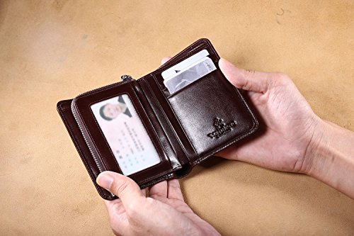 Men's Genuine Cowhide Leather Extra Capacity Bifold Wallet with Zipper Coffee