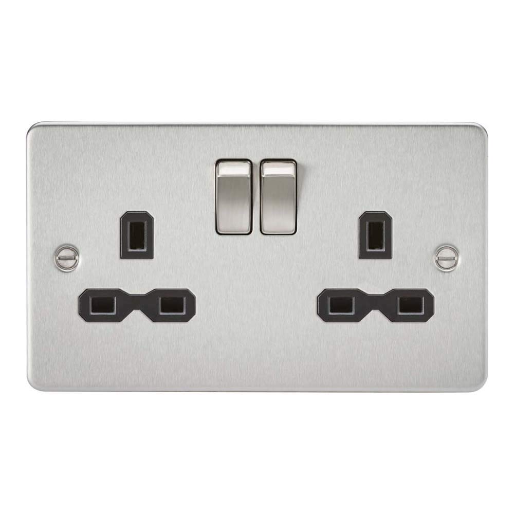 Flat Plate 13A 2G DP Switched Socket - Brushed Chrome with Black Insert