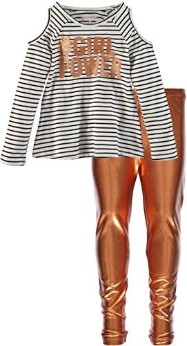 Kidtopia Girls' Stripe Top Metallic Legging Set (14/16, Gold Legging, Girl Power)