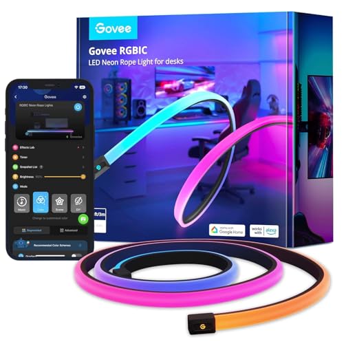 Govee RGBIC Gaming Lights, 3M Neon Rope Lights Soft Lighting for Gaming Desk, LED Strip Lights Syncing with Razer Chroma, Smart App Control, Support Cutting, Music Sync, Adapter (Only 2.4G Wi-Fi)