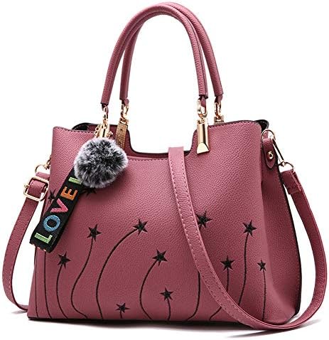 Samxu Ladies PU Leather Handbag with Shoulder Strap, Fashion Handbag Messenger Bag Lightweight with Pompon Pendant for Women (Pink)