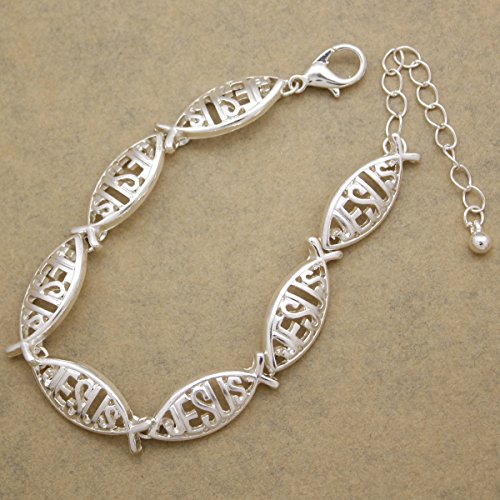 RechicGu Silver Tone Religious Catholic Church Christian Jesus Fish Bible Charm Bangle Bracelet Gift