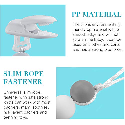 Pacifier Clips, Komake 2 in 1 Teether Pacifier Clip Chewable Silicone Teething Beads BPA Free Binky Holder for Girls, Boys, Teether Toys, Soothie, Mam, Drool Bibs, 2 Pack (Green, Gray)