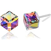 Cube Austrian Crystal Drop Stud Earrings for Women Fashion S925 Sterling Silver Hypoallergenic Jewelry