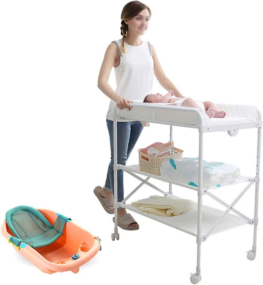 Diaper chaging tables Folding Baby Bath & Changing Tables, Infant Storage Bath Tub Unit Station Dresser with Brake Wheel, Adjustable White Massaging Table