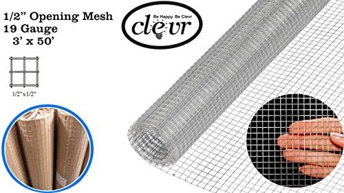 Clevr 3' x 50' 1/2 in 19 gauge Mesh Welded Wire Hot-dipped Galvanized Hardware Cloth Gutter Guards Plant Supports Poultry Enclosure Chicken Run Fence Indoor Rabbit Pen Cage Wire Window Doors