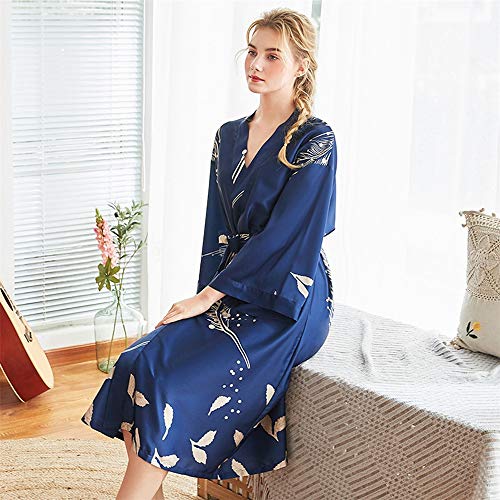 CofeeMO Women's Plants Print Kimono Bathrobe Pajamas,Fashion Satin Long Sleeve Wrap Sleepdress(Navy,XL)