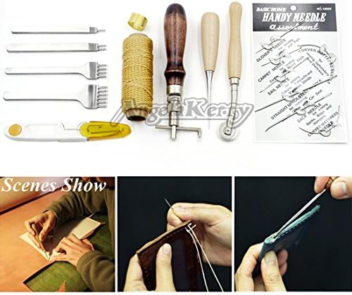 AngelaKerry 12pcs/Box Leathercraft Basic Accessories Tools Kit for Hand Stitching Hole Punch with 150D 50m/Roll Waxed Thread