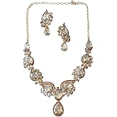 Secret for Longevity Gold Tone Antique Art Deco Vintage Retro Style Flapper Gatsby Champagne Amber Yellow Citrine Rhinestone Statement Wedding Bridal Prom Necklace Earring Set