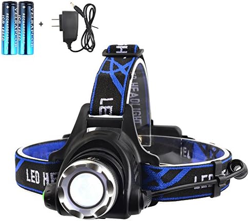 VELRAPCOR Bright LED Headlamp Headlight 3 Modes 2000 Lumens CREE XM-L T6 Waterproof Zoomable Rechargeable 18650 Batteries AC Charger for Outdoor Sport