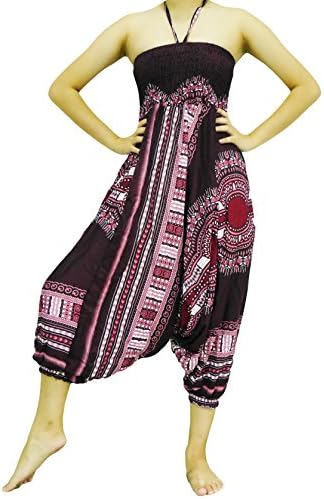 Loong Cha's Unisex 2 Type Harem Jumpsuit pants,Fine Art Print Smocked Waist &amp; Jump leg Version : I (AJ2 Plum)