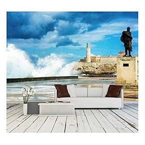 The Castle of El Morro in Old Havana Among Huge Sea Waves - Removable Wall Mural | Self-Adhesive Large Wallpaper - 66x96 inches