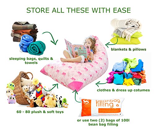 MiniOwls X-Large TOY STORAGE BAG - when filled, turns into BEAN BAG SEAT - Organizer that fits 60- 80 stuffed animals or 200l / 52 gal of other filler (Pink with ballerinas, princesses and fairies) - Thumbnail 2