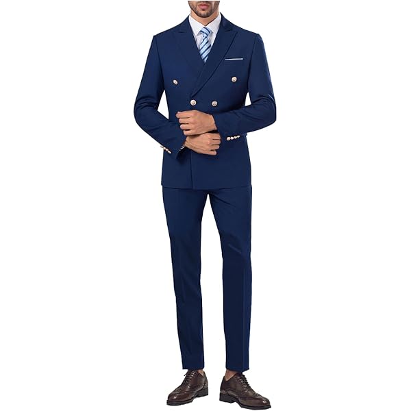 QZI Men's Blazer Slim Fit Double Breasted Jackets Coats Navy Blue