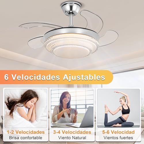 Ohniyou Ventilador de Techo Retráctil de 36 Pulgadas con Luz y Control Remoto, 6 Velocidades, Luz Regulable, Motor Reversible, Ventilador de Techo Moderno para Dormitorio Sala de Estar, Plateado
