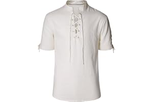 Teyujosem Men's Pirate Shirt Renaissance Medieval Viking Shirt Linen Short Sleeve Lace Up Top Halloween Costume