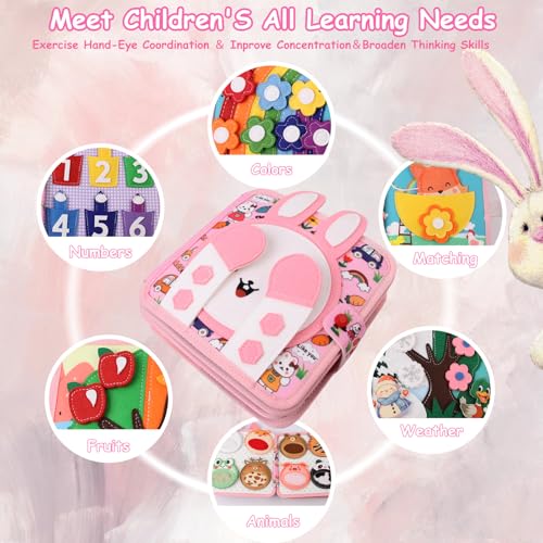 AYSOW Busy Board Montessori Age 1 Year - Busy Montessori Rabbit Book, Portable Sensory Educational Toy, Develops Fine Motor Skills, Travel Toys for Toddlers, Gift Idea for Baby Boy Girl