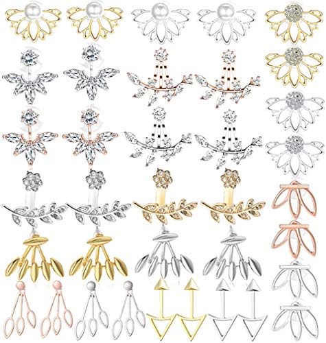 WAINIS 18Pairs Multiple Dainty Lotus Flower Ear Jacket Stud Earrings for Women and Girls Boho Chic Cz Stud Ear Jewelry Earring Set