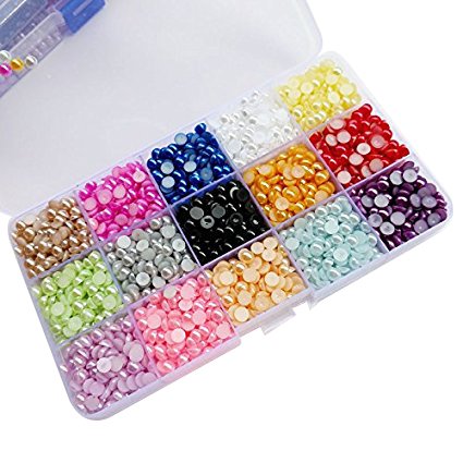 Chenkou Craft 5000pcs Assorted 15 Colors Half Pearl Bead 5mm Flat Back Gem Scrapbook Craft DIY Beads + Plastic Box (Mix, 5mm)