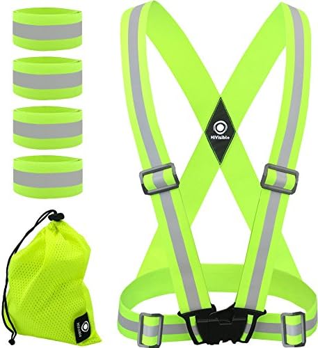 HiVisible Reflective Vest + 4 Reflective Bands - Reflective Running Gear for Men and Women for Night Running, Biking, Walking. Reflective Running Vest, Safety Straps, Reflector Strips