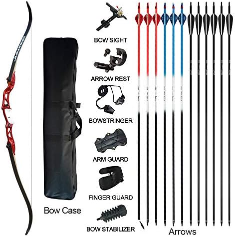 Tongtu Outdoor Takedown Recurve Bow and Arrow for Adults Kit 20 22 24 26 28 30 32 34 lb Aluminum Alloy Riser Archery Practice Set Hunting Shooting Competition Set with Bow Case Right Hand