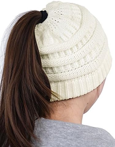 HENCY Women’s Beanie Hat Soft Stretch Cable Knit Messy High Bun Ponytail Warm Skullies Cap White