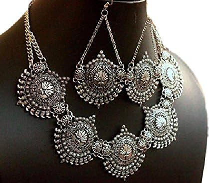 salaam Namaste Indian jewelry,Afghani jewelry,Afghani bib choker necklace and earrings combo set in German silver (Silver)