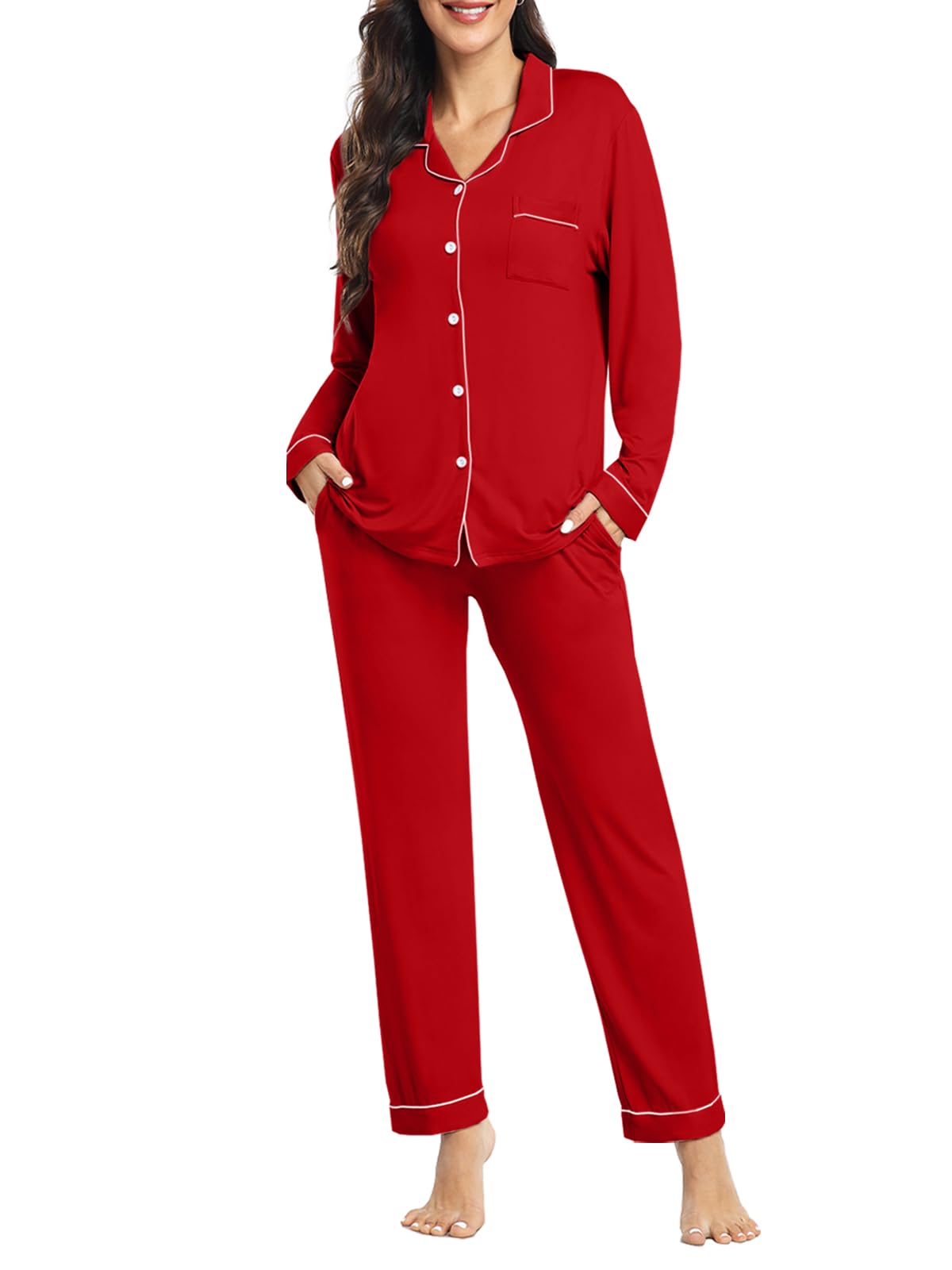 Photo 1 of YOPUGEE Womens Button UP Modal Pajamas Cotton Pjs Set Christmas Cute Pajama Sets Matching Lounge Sets Red XL