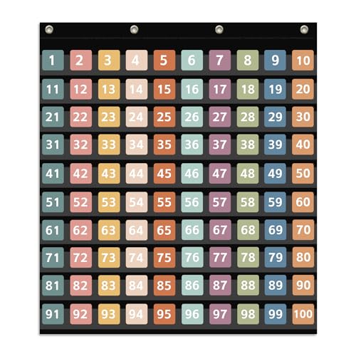 ANCOMEDO Hundred Pocket Chart with 100 Pockets and 150 Pieces Boho Double-Sided Number Cards,Number 1-100 Pocket Chart for Kids Classroom Home Counting and Organizer (Black-100 Pockets)