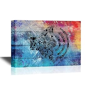 Music Canvas Wall Art - Symbol of Sound Reproduction from Musical Instruments on Colorful Wood Style Background - Gallery Wrap Modern Home Art | Ready to Hang - 12x18 inches