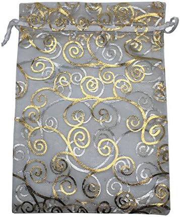 Sosam 100PCS 4x6 Inches Organza Drawstring Pouches Jewelry Party Wedding Favor Gift Bags (4x6, White and Gold)