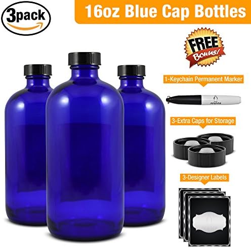 Empty Blue Glass Bottle-Large 16 oz Refillable Container for Storing Chemicals, Shampoo, Conditioners, Soaps, Cleaning Products, Essential Oils, and Aromatherapy-Black Caps-3 Pack Bonus Free Extras
