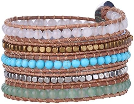 Babao Jewelry Alloy Natural 4mm Beads 5 Wraps Leather Bracelet
