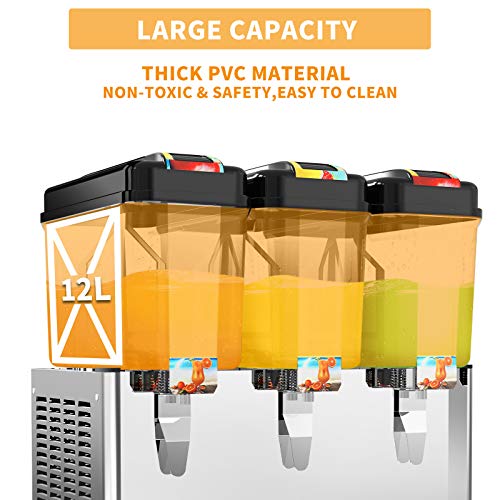 Nurxiovo Juice Dispenser -9.36Gallon commercial juice ice beverage dispenser, 3.12 Gallon Per Tank, 3 Tank with Thermostat Controller, Stainless Steel