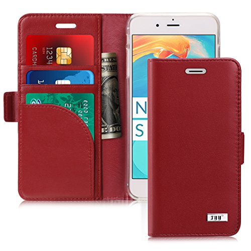 FYY [Genuine Leather Wallet Case for Apple iPhone 8 Plus 2017/iPhone 7 Plus 2016, Handmade Flip Folio Wallet Case with Kickstand Card Slots Magnetic Closure for iPhone 8 Plus/iPhone 7 Plus Wine Red