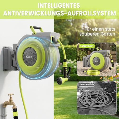 Bietor Hose Reel 40 m + 2 m, Garden Hose Drum with 180° Swivelling, Wall Hose Box with 9 Functions, Garden Shower, Automatic Retraction System and Locking in Any Length for Garden