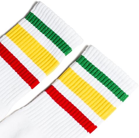 Socco Men's White Rasta Stripe Crew Socks Classic Retro 70s Skate Made In USA - Large / X-Large (10-13)