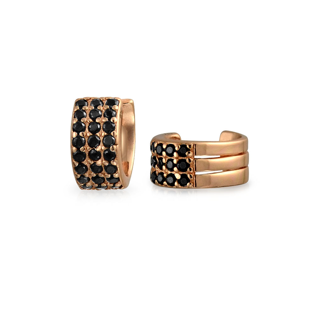 Two Tone Black Cubic Zirconia Pave CZ Triple 3 Band Cartilage Ear Cuffs Clip Wrap Earrings Rose Gold Plated .925 Sterling Silver
