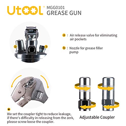 UTOOL Grease Gun, 7000 PSI Heavy Duty Pistol Grip Grease Gun Set with 14 oz Load, 18 Inch Spring Flex Hose, 2 Working Coupler, 2 Extension Rigid Pipe and 1 Sharp Type Nozzle Included Black
