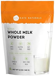 Whole Dry Milk Powder - Kate Naturals. Made In USA. Dried Powered Milk for Baking. RBST-Free. Great Substitute For Liquid Milk. Large Resealable Bag.1-Year Guarantee. (12oz)