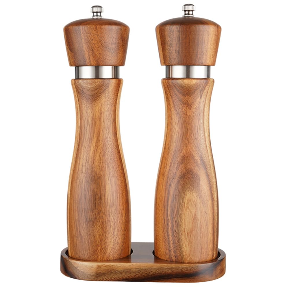 Wooden Salt and Pepper Grinder with Holder Tray 8 inch Set of 2, Acacia Wood Pepper Mill Shaker Pepper Grinder Kit with Adjustable Ceramic Shaker for Barbecue Kitchen Decoration Restaurant