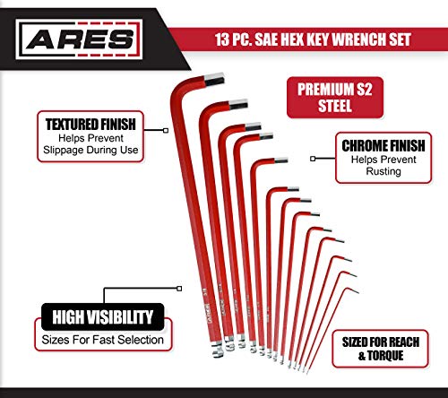 image for ARES 70164-13-Piece SAE Long Arm Ball End Hex Key Wrench Set - Chrome 