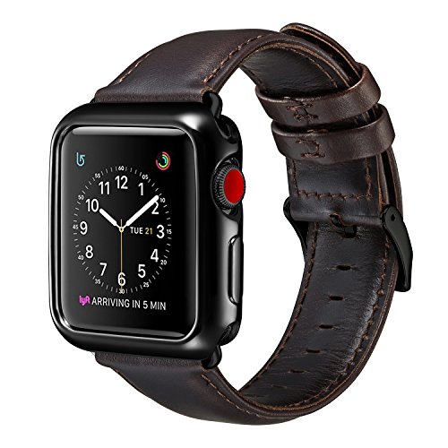 For Apple Watch Band with Case 42mm, OUHENG Retro Genuine Leather iWatch Band with Plated TPU Protective Case for Apple Watch Series 3 2 1 Nike+ Sport Edition, Dark Brown Band with Black TPU Case