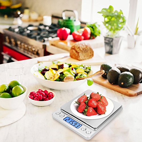NEXT-SHINE Digital Kitchen Scale 500 x 0.01 Gram, Pocket Size with PCS Tare Switch Weighing Units Function, Stainless Steel Platform