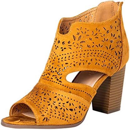 Women Peep Toe Laser Cutout Ankle Booties Stacked Chunky Heel Back Zip Open Toe Heeled Sandals Shoes by Lowprofile